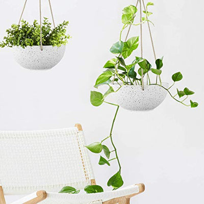 Speckled White Hanging Planter - 8 Inch Indoor Outdoor Hanging Plant Pot Basket, Flower Pot with Drainage Hole, Set of 2