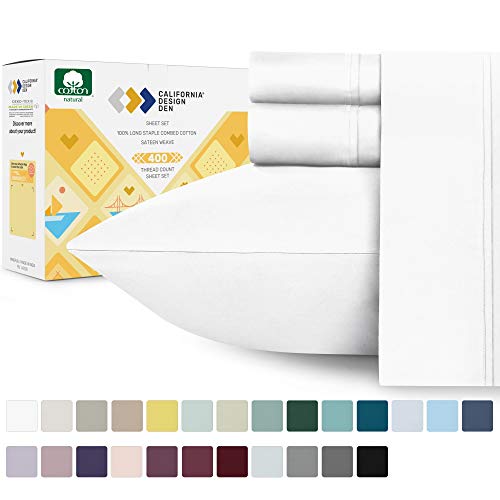 400-Thread-Count 100% Cotton Sheet Pure White Queen-Sheets Set, 4-Piece Long-staple Combed Cotton Best-Bedding Sheets For Bed, Breathable, Soft & Silky Sateen Weave Fits Mattress 16'' Deep Pocket