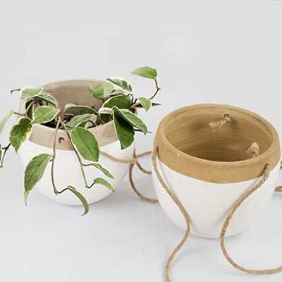 Ceramic Hanging Planters Plant Pots - 5.5 Inch White Indoor Hanging Pots Modern Plant Holder with Jute Rope for Succulents Cactus Herbs Small Plants, Home Decor Gift, Set of 2