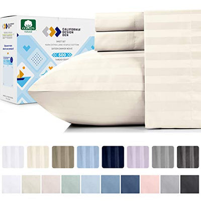 California Design Den Pure Cotton Ivory Queen Sheets - 500 Thread Count 4 Piece Sheet Set, Easy Care Damask Stripe Sateen Weave, Elasticized Deep Pocket Fits Low Profile Foam and Tall Mattresses