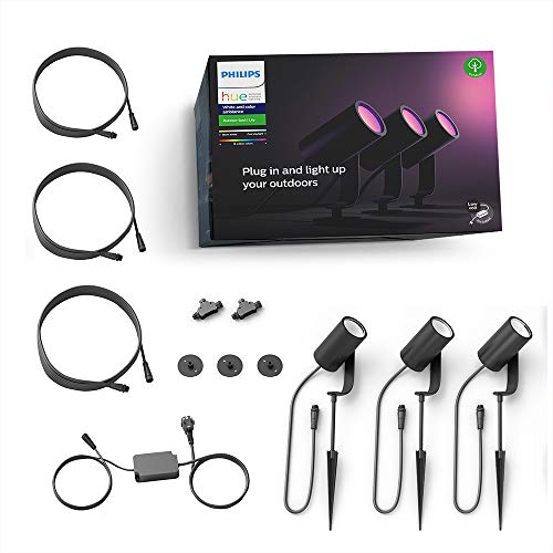 Philips Hue Lily White & Color Outdoor Spot Light Base kit (Hue Hub required), 3 Spot Lights with power supply + mount, Works with Alexa, HomeKit & Google Assistant