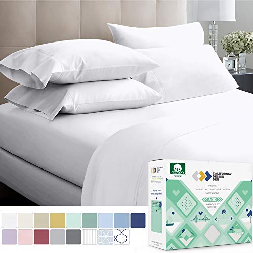600-Thread-Count Best 100% Cotton Sheets & Pillowcases Set - 4 Pc Pure White Extra Long-staple Combed Cotton Bedding Queen Sheet For Bed, Fits Mattress 16'' Deep Pocket, Soft & Silky Sateen Weave