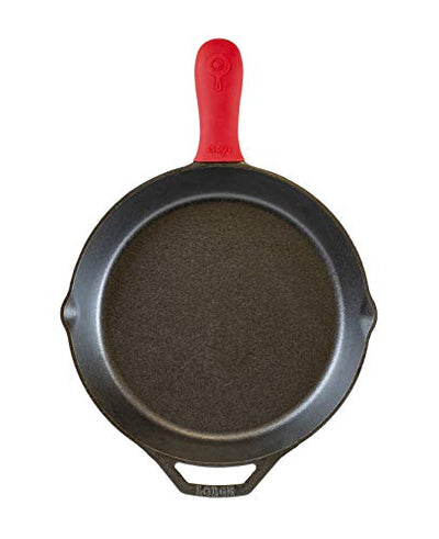 Lodge Pre-Seasoned Cast Iron Skillet with Assist Handle Holder, 12", Red Silicone
