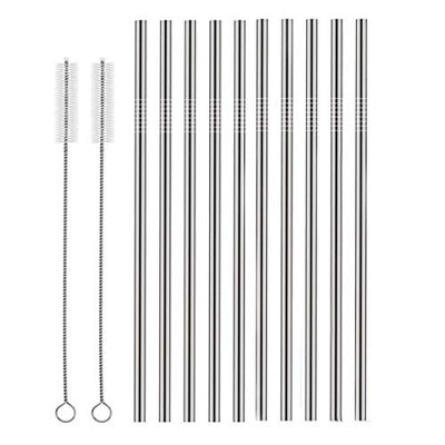 Set of 10 Stainless Steel Straws, HuaQi Straight Reusable Drinking Straws 10.5'' Long 0.24‘’ Dia for 30 oz Tumbler and 20 oz Tumbler, 2 Cleaning Brush Included (10 Straight Straws + 2 Brushes）