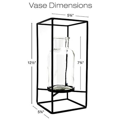 Excello Global Products Decorative Glass Vase with Metal Wire Stand: Clear Vase Decoration for Modern Home Decor (12.5" x 5.75")