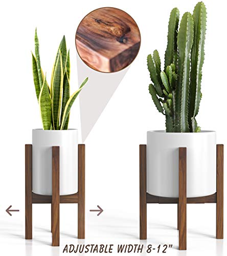 Mid Century Plant Stand - Adjustable Modern Indoor Plant Holder - Brown Planter Fits Medium & Large Pots Sizes 8 9 10 11 12 inches (Not Included) (Adjustable Width: 8-12
