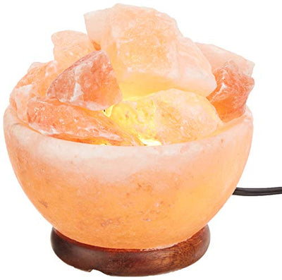 Himalayan Salt Lamp Bowl with Natural Crystal Chunks, Dimmer Cord and Classic Wood Base Premium Quality Authentic from Pakistan