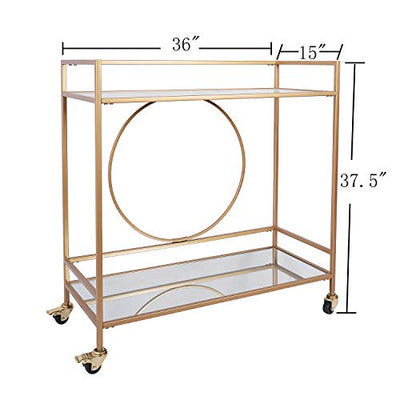 Bar Cart with 2 Mirrored Shelves, Durable Wine Cart with Casters, Suitable for Kitchen, Club, Living Room, Antique Gold Finish (36x15x38inch Gold)
