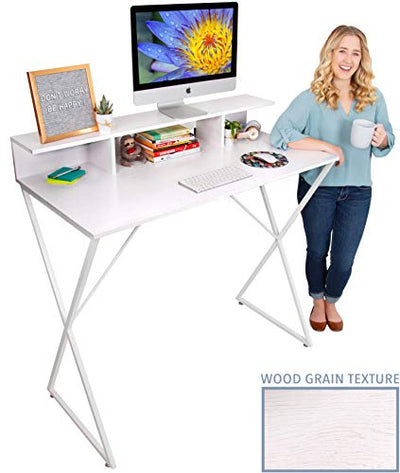 Stand Steady Joy Desk | Modern Standing Workstation with Storage Cubbies | Pretty Standing Desk w/Spacious Desktop | Multifunctional Table - Great for Home, Office & More (White Wood Grain / 48 x 42)