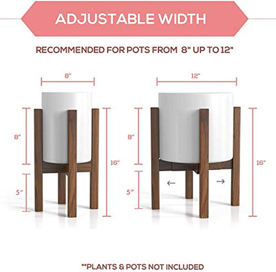 Mid Century Plant Stand - Adjustable Modern Indoor Plant Holder - Brown Planter Fits Medium & Large Pots Sizes 8 9 10 11 12 inches (Not Included) (Adjustable Width: 8-12" x 16" Tall, Dark Brown)