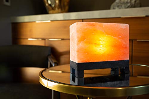 100% Authentic Natural Himalayan Salt Lamp; Hand-Carved Modern Rectangle in Pink Crystal Rock Salt from The Himalayan Mountains; Footed Wood Base, UL-Listed Dimmer Cord + Extra Bulb; 11.5 lbs