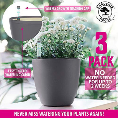 GARDENIX DECOR 7'' Self Watering Planters for Indoor Plants - Flower Pot with Water Level Indicator for Plants, Grow Tracking Tool - Self Watering Planter Plant Pot - Coco Coir - Gray Round 3 Pack
