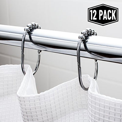 2LB Depot Wide Shower Curtain Rings/Hooks Set, Decorative Polished Chrome Finish, Easy Glide Rollers, 100% Rustproof Stainless Steel, Set of 12 Rings for Shower Rods
