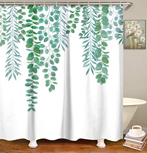 LIVILAN Green Leaves Shower Curtain Set with 12 Hooks, Decorative Plant Bath Curtain Fabric Bathroom Curtain, 72