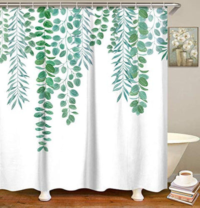 LIVILAN Green Leaves Shower Curtain Set with 12 Hooks, Decorative Plant Bath Curtain Fabric Bathroom Curtain, 72" x 72"