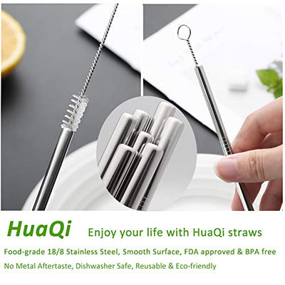 Set of 10 Stainless Steel Straws, HuaQi Straight Reusable Drinking Straws 10.5'' Long 0.24‘’ Dia for 30 oz Tumbler and 20 oz Tumbler, 2 Cleaning Brush Included (10 Straight Straws + 2 Brushes）