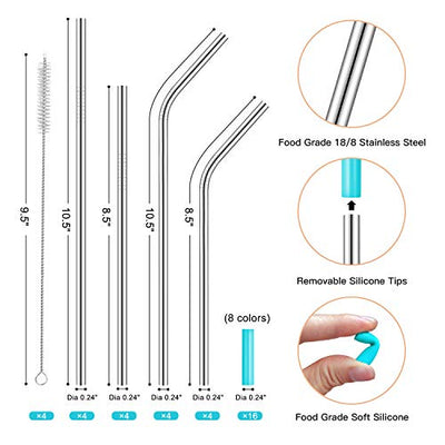 StrawExpert Set of 16 Reusable Stainless Steel Straws with Travel Case Cleaning Brush Silicone Tips Eco Friendly Extra Long Metal Straws Drinking for 20 24 30 oz Fit Yeti Tervis Rtic Tumbler