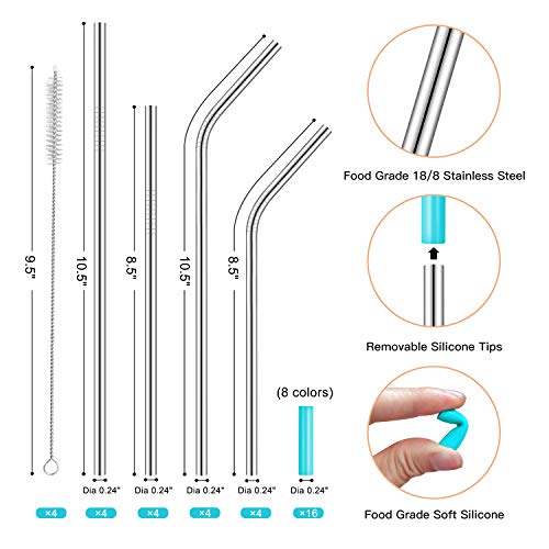 StrawExpert Set of 16 Reusable Stainless Steel Straws with Travel Case Cleaning Brush Silicone Tips Eco Friendly Extra Long Metal Straws Drinking for 20 24 30 oz Fit Yeti Tervis Rtic Tumbler