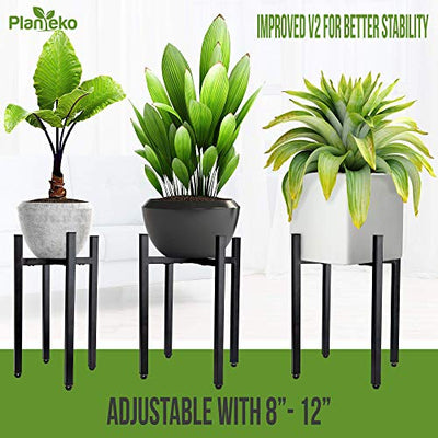 Planteko Mid Century Metal Plant Stand V2 - New Improved Adjustable Indoor Plant Stand - Metal Plant Holder, Stylish and No Wobble - Plant Display Rack Fits Pots Sizes 8-12 Inches (Pot Not Included)