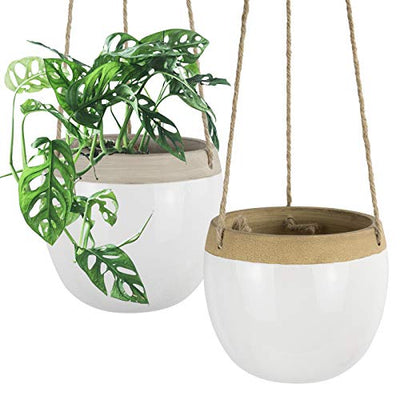 Ceramic Hanging Planters Plant Pots - 5.5 Inch White Indoor Hanging Pots Modern Plant Holder with Jute Rope for Succulents Cactus Herbs Small Plants, Home Decor Gift, Set of 2