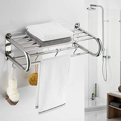 BESy Stainless Steel Towel Racks with Shelf, Adjustable Bathroom Shelf with Towel Bar Rod and Hooks for Wall Mount, Multifunction Double Towel Holder Hotel Style,Polished Chrome,15 to 26.8 Inch
