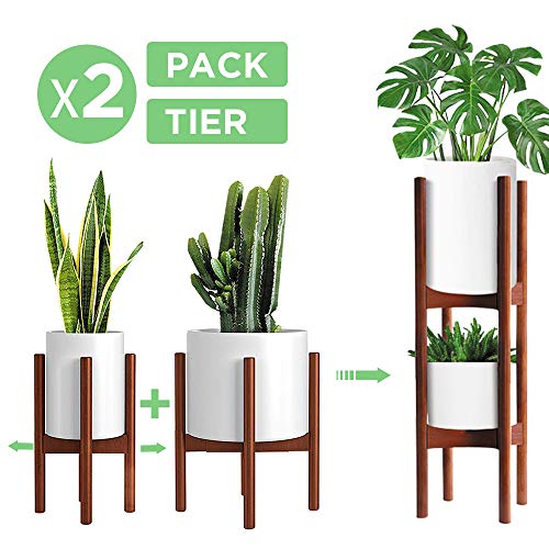 2 Pack Indoor Plant Stands, 2 Tier Tall Plant Stand 30 inches, Mid Century Bamboo Plant Stand, Adjustable Width 8-12 inches, Fits Pot Size of 8 9 10 11 12 inches, Pot & Plant Not Included, Brown