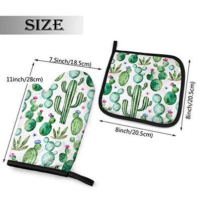 VunKo Watercolor Cactus Plants Oven Mitts and Pot Holders Sets Heat Resistant Oven Gloves with Non-Slip Surface for Safe BBQ Cooking Baking Grilling Set of 2