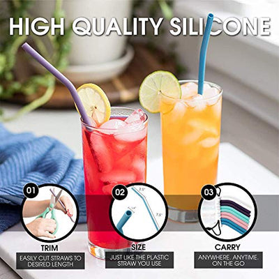 Flathead Set of 10 Reusable Silicone Drinking Straws - Extra long for 30oz and 20oz tumblers - Comes with cleaning brush