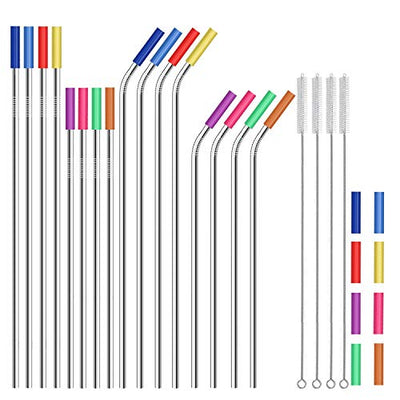 Stainless Steel Straws,Set of 16 10.5" 8.5" Metal Straws,Eco Friendly Reusable Drinking Straws for 16 20 24 30 oz Yeti Rtic Tumbler,Extra Long Metal Straws with 24 Silicone Tips,4 Cleaning Brushes