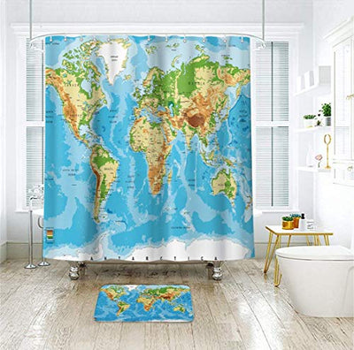 Riyidecor World Map Shower Curtains Geography Countries Capital Cities Blue Earth Textile Decor Bathroom Accessories Set Fabric Polyester Multicolour 72X72 Inch  Hooks Included