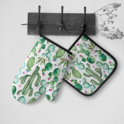 VunKo Watercolor Cactus Plants Oven Mitts and Pot Holders Sets Heat Resistant Oven Gloves with Non-Slip Surface for Safe BBQ Cooking Baking Grilling Set of 2