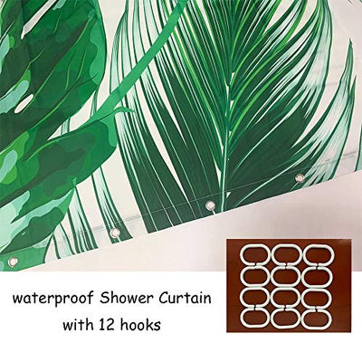 IcosaMro Palm Shower Curtain for Bathroom with Hooks, Tropical Leaf Jungle Leaves Decorative Long Cloth Fabric Shower Curtain Bath Decorations- 71Wx72L, Green