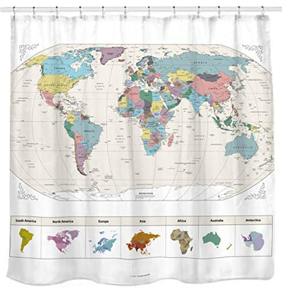 New! Map of the World with Detailed Major Cities. PVC Free, Non-Toxic and Odorless Water Repellent Fabric Shower Curtain. Large Home Decor. 71'' x 71'' Wall Map.