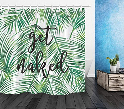 LB Green Tropical Coconut Palm Leaf Shower Curtain with Hooks,Black Font Get Naked Funny Bathroom Curtains 72x72 inch Waterproof Polyester Fabric