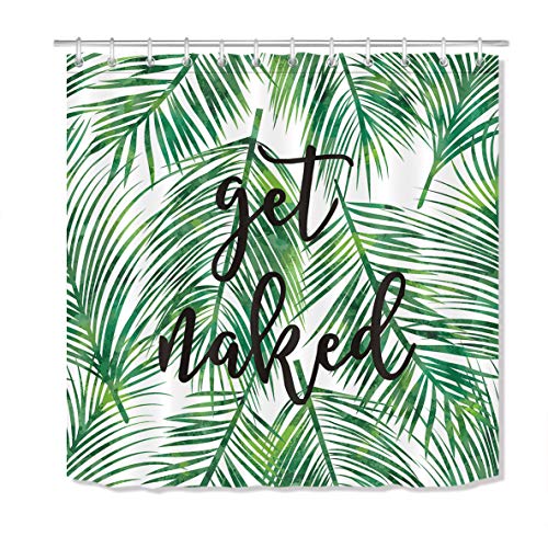 LB Green Tropical Coconut Palm Leaf Shower Curtain with Hooks,Black Font Get Naked Funny Bathroom Curtains 72x72 inch Waterproof Polyester Fabric