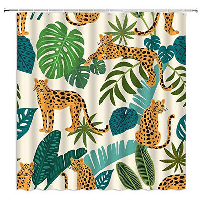 Xnichohe Leopard Leaf Shower Curtain Tropical Rainforest Jungle Plant Animal Green Palm Banana Leaves Polyester Cloth Fabric for Bathroom Curtains Decor Set with 12 pcs Hooks,70 x70 Inches