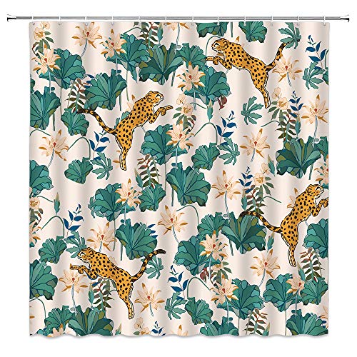 Dachengxing Asian Shower Curtain Wildlife Leaf Watercolor Decor Leopard Lotus Leaves Water Lily Pattern Artwork Print,Polyester Teal Golden Fabric Hooks Included 70x70 Inch