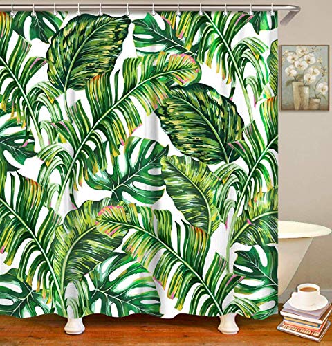LIVILAN Green Leaves Shower Curtain Set with Hooks, Green Fabric Bathroom Curtain with White Backdrop, Artistic Botany 72