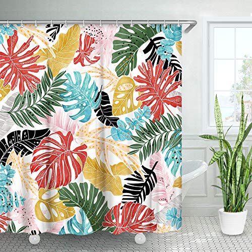 LIVILAN Tropical Palm Leaves Shower Curtain Set with 12 Hooks, Decorative Fabric Bath Curtain Modern Bathroom Accessories, Machine Washable, Multi-Color, 72