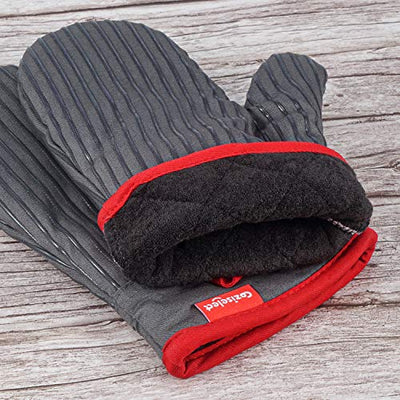 Coziselect Oven Mitts and Pot Holders Set, with Heat Resistance of Silicone, Flexibility of Pure Cotton and Terrycloth Lining, 500 F Heat Resistant, Grey